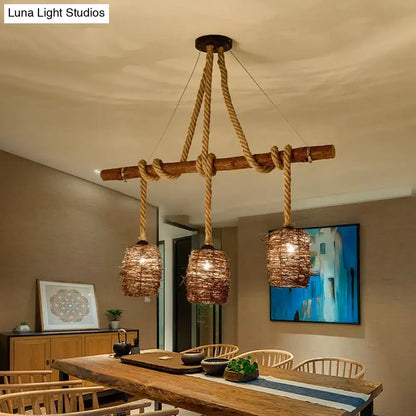 Rustic rattan woven triple pendant – dining room hanging light