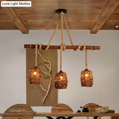 Rustic rattan woven triple pendant – dining room hanging light