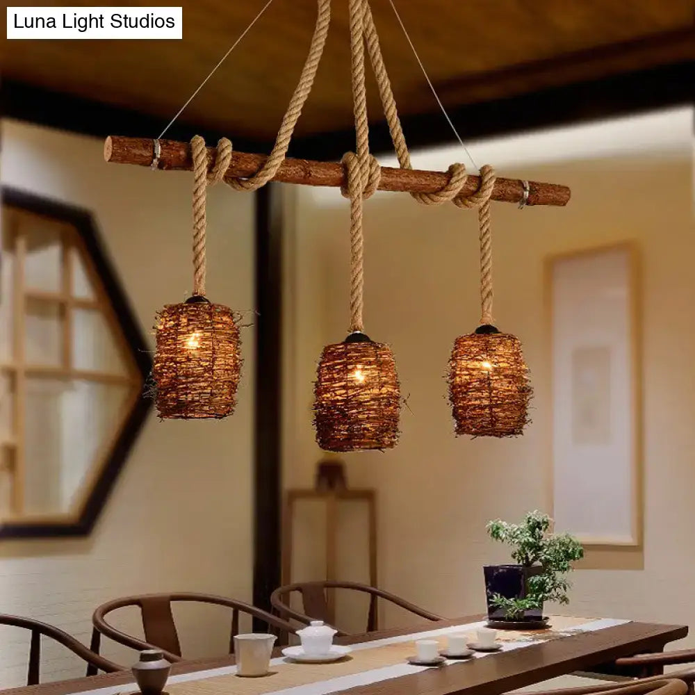 Rustic rattan woven triple pendant – dining room hanging light