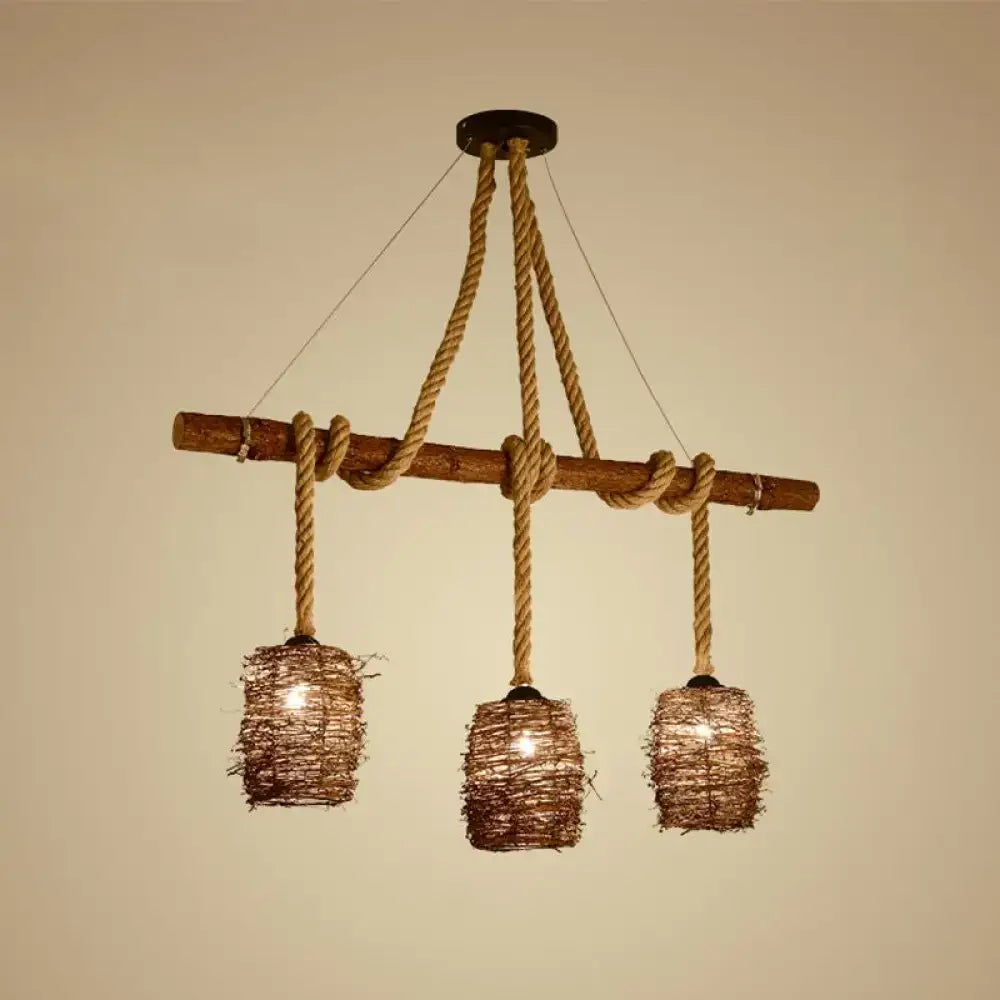 Rustic rattan woven triple pendant – dining room hanging light