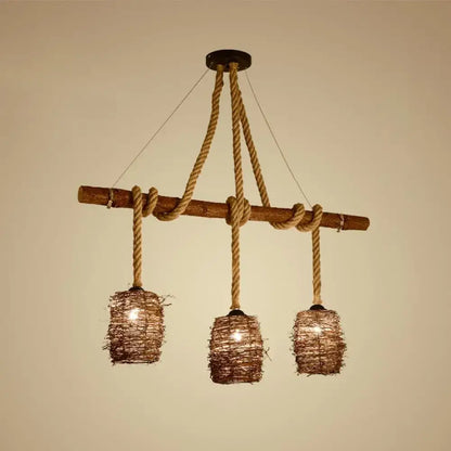 Rustic rattan woven triple pendant – dining room hanging light