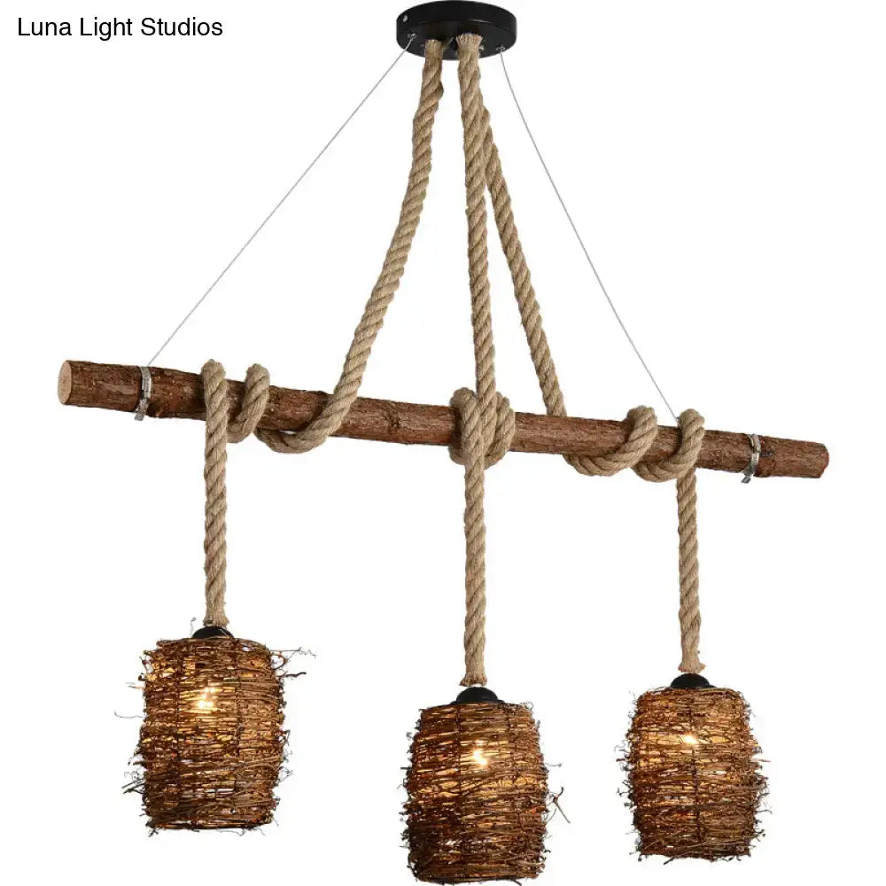 Rustic rattan woven triple pendant – dining room hanging light