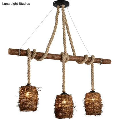 Rustic rattan woven triple pendant – dining room hanging light