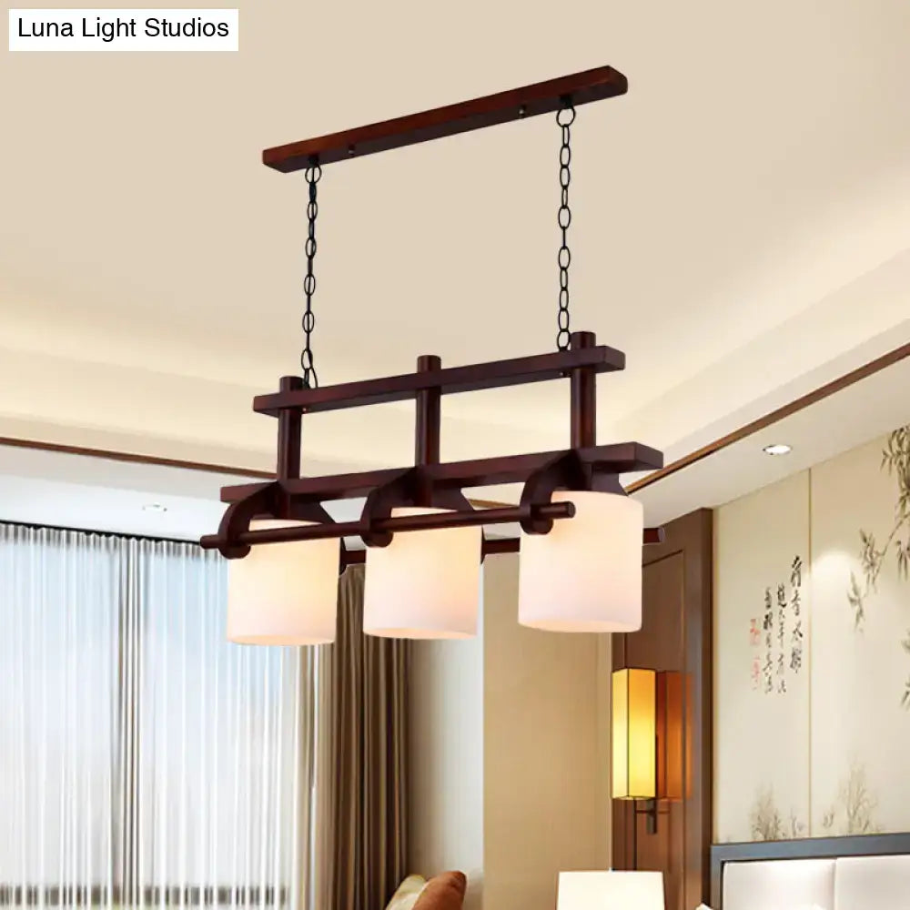 Rustic wood and white glass island light dining room pendant