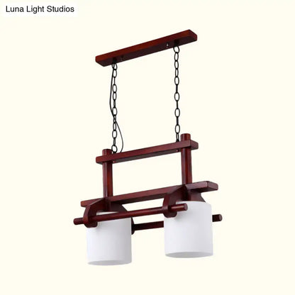 Rustic wood and white glass island light dining room pendant