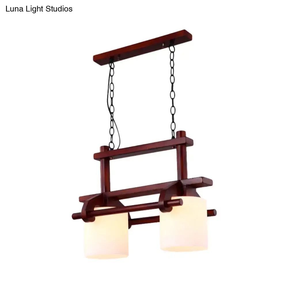 Rustic wood and white glass island light dining room pendant