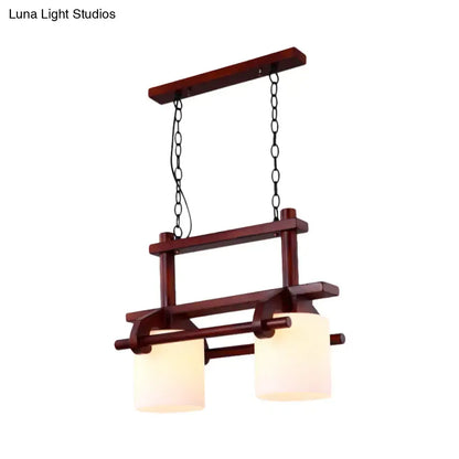 Rustic wood and white glass island light dining room pendant