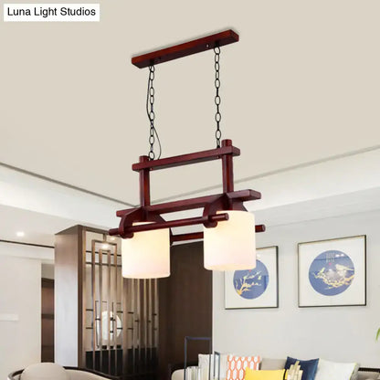 Rustic wood and white glass island light dining room pendant