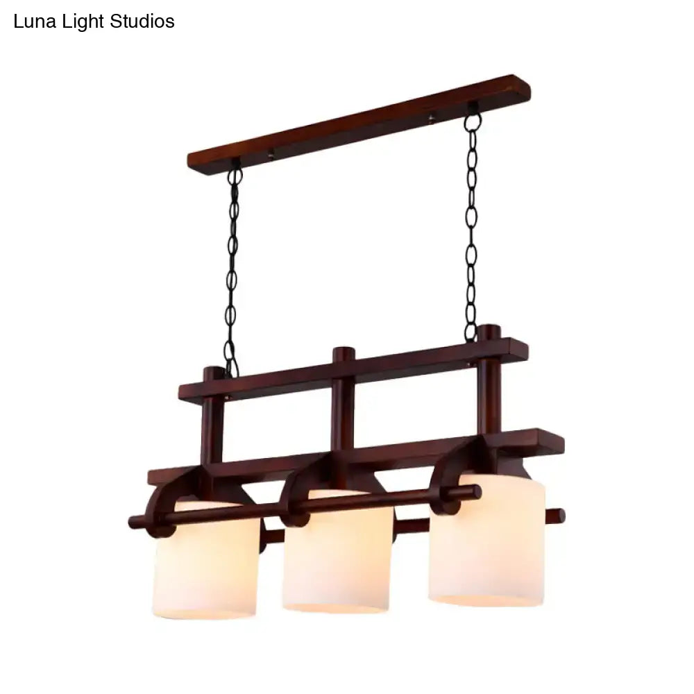 Rustic wood and white glass island light dining room pendant