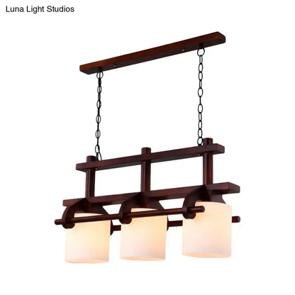 Rustic wood and white glass island light dining room pendant