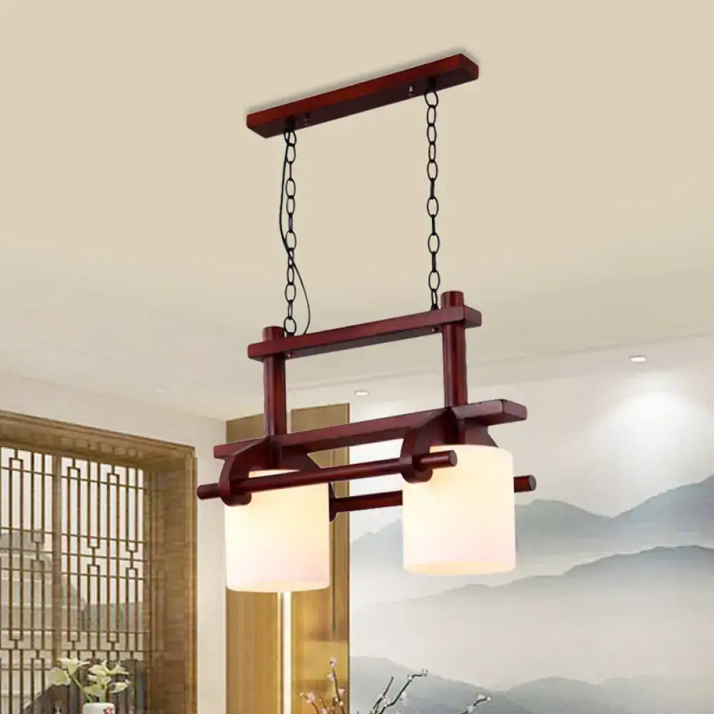 Rustic wood and white glass island light dining room pendant