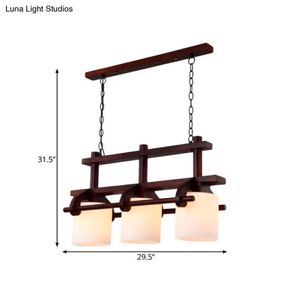 Rustic wood and white glass island light dining room pendant