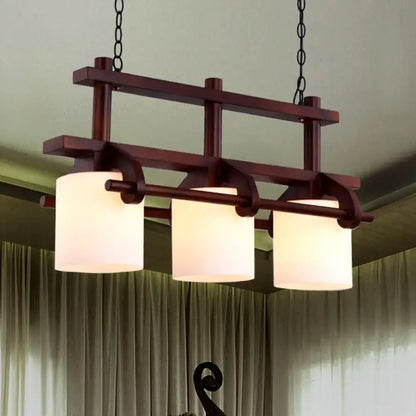 Rustic wood and white glass island light dining room pendant