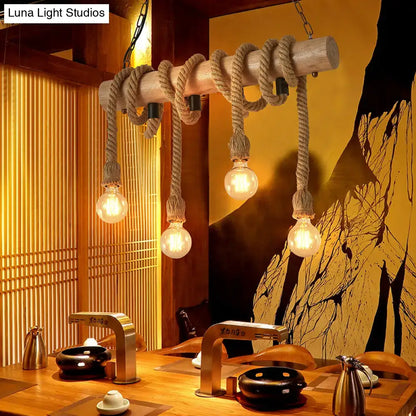Rustic wood and rope island pendant open bulb kitchen light
