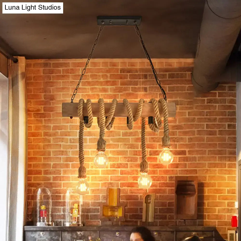 Rustic wood and rope island pendant open bulb kitchen light