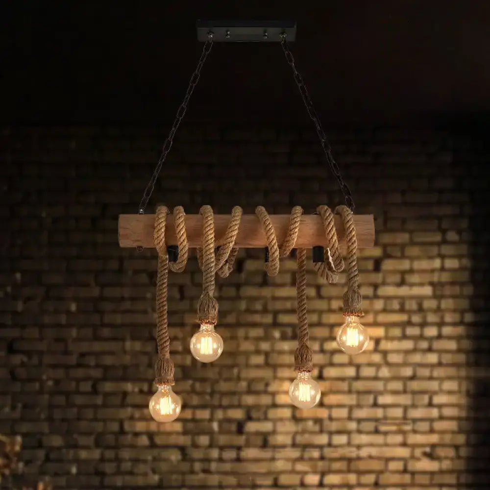 Rustic wood and rope island pendant open bulb kitchen light