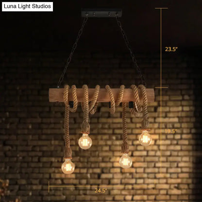 Rustic wood and rope island pendant open bulb kitchen light