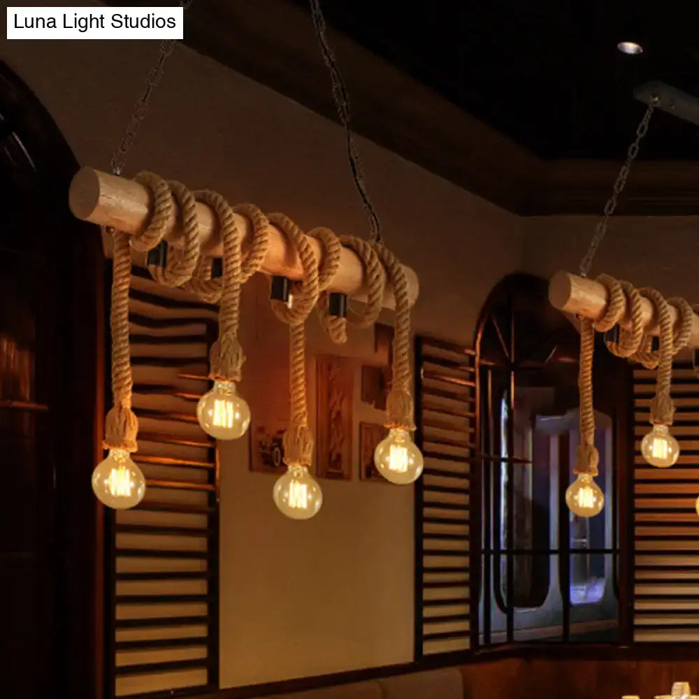 Rustic wood and rope island pendant open bulb kitchen light