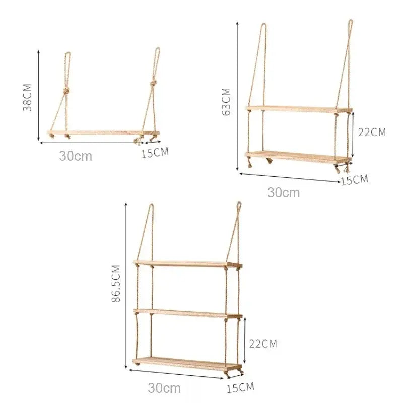 Rustic wood floating wall shelves with rope – living room set of 3
