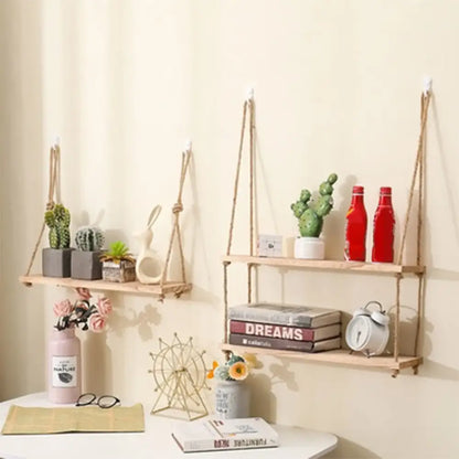 Rustic wood floating wall shelves with rope – living room set of 3