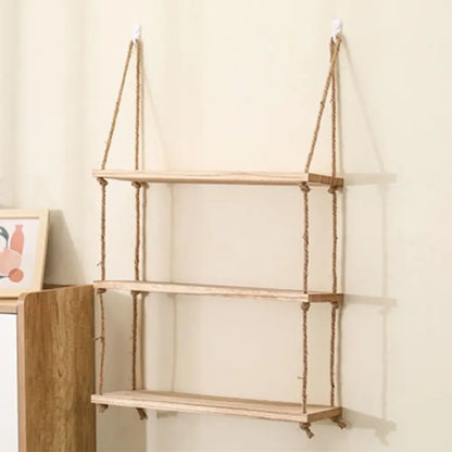 Rustic wood floating wall shelves with rope – living room set of 3