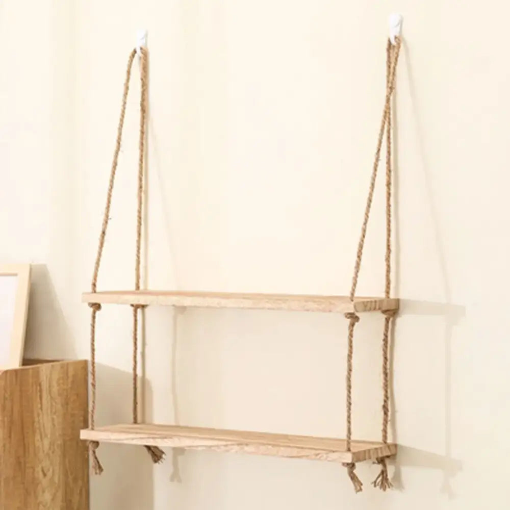Rustic wood floating wall shelves with rope – living room set of 3