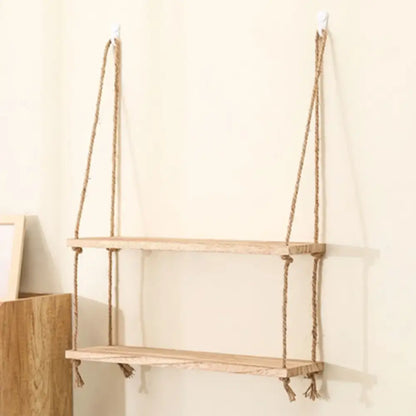 Rustic wood floating wall shelves with rope – living room set of 3