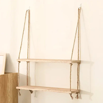 Rustic wood floating wall shelves with rope – living room set of 3