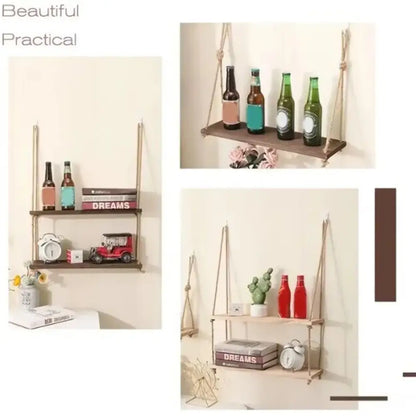 Rustic wood floating wall shelves with rope – living room set of 3
