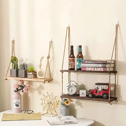 Rustic wood floating wall shelves with rope – living room set of 3
