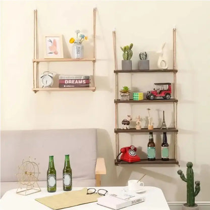 Rustic wood floating wall shelves with rope – living room set of 3