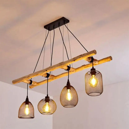 Rustic wood and iron ladder chandelier – dining room island light