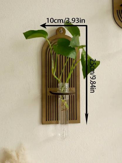 Rustic geometric wood wall vase with glass tube living room decor