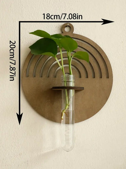 Rustic geometric wood wall vase with glass tube living room decor