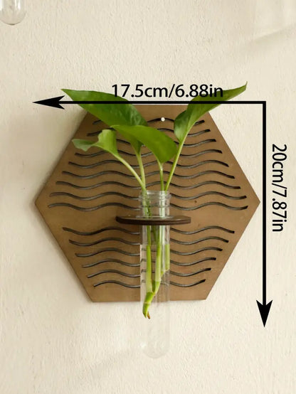 Rustic geometric wood wall vase with glass tube living room decor