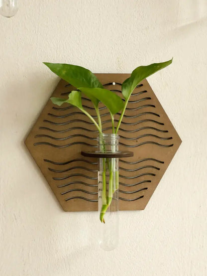 Rustic geometric wood wall vase with glass tube living room decor