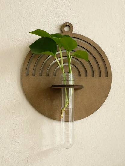 Rustic geometric wood wall vase with glass tube living room decor