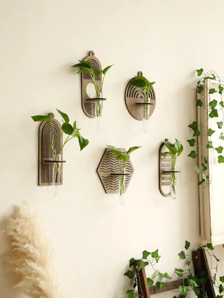 Rustic geometric wood wall vase with glass tube living room decor