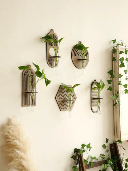 Rustic geometric wood wall vase with glass tube living room decor