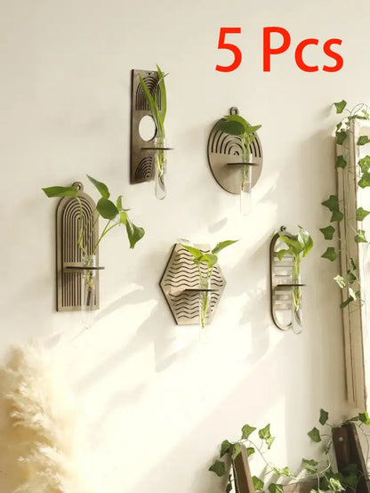 Rustic geometric wood wall vase with glass tube living room decor