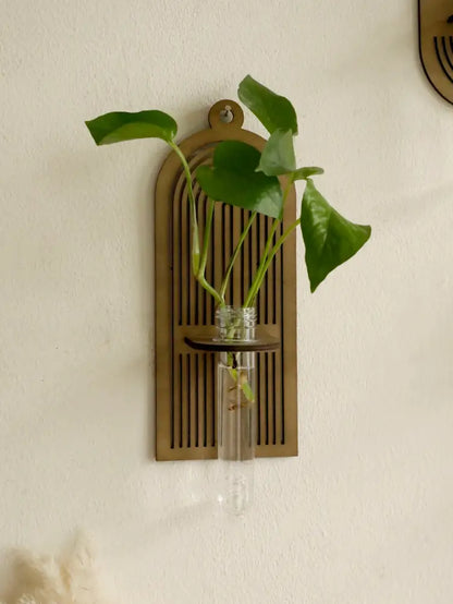 Rustic geometric wood wall vase with glass tube living room decor