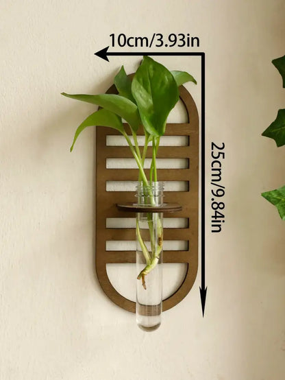 Rustic geometric wood wall vase with glass tube living room decor