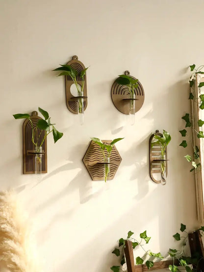 Rustic geometric wood wall vase with glass tube living room decor