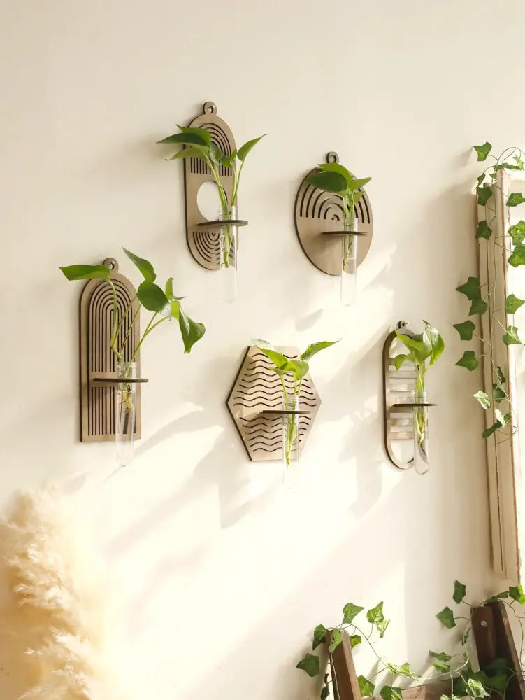 Rustic geometric wood wall vase with glass tube living room decor