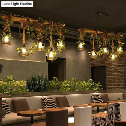Rustic wooden brown island light with green art ivy for dining room