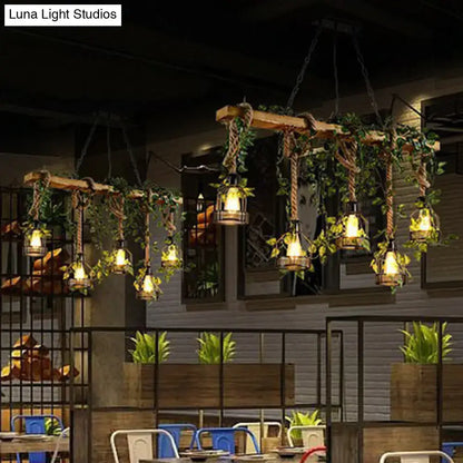 Rustic wooden brown island light with green art ivy for dining room