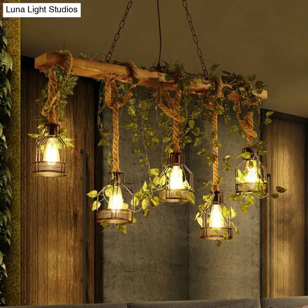 Rustic wooden brown island light with green art ivy for dining room