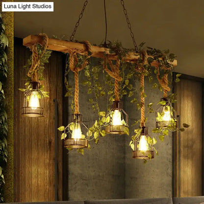 Rustic wooden brown island light with green art ivy for dining room