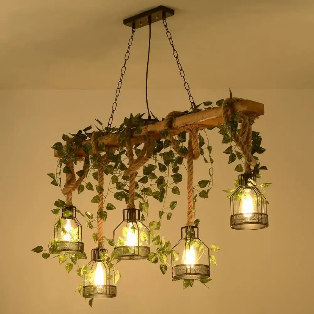 Rustic wooden brown island light with green art ivy for dining room