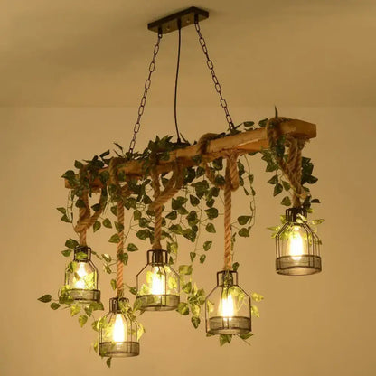 Rustic wooden brown island light with green art ivy for dining room